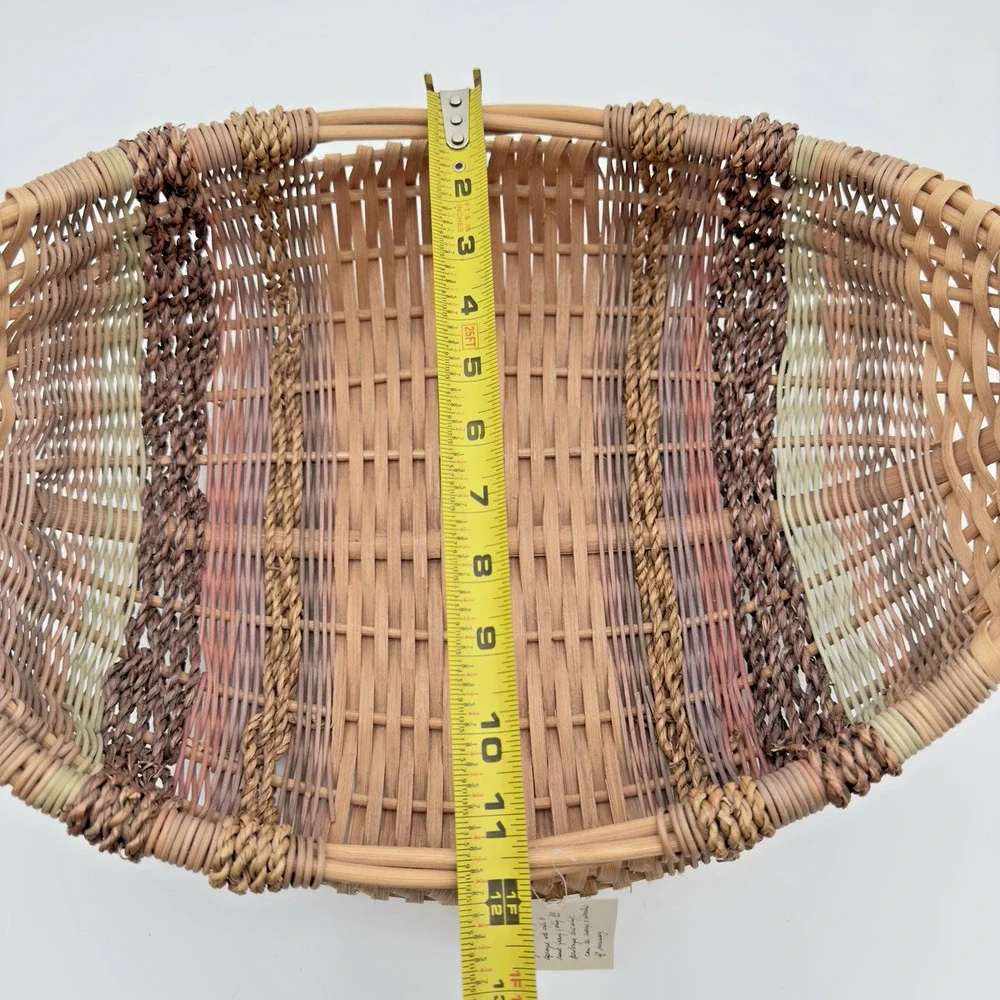 Vintage Hand Woven Basket Rattan Seagrass Artisan Signed 16.5 x 11.75 x 5